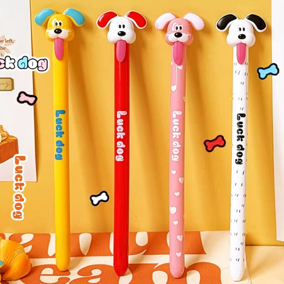 des stylos colorés et amusant en forme de chien qui tire la langue. Système amusant : pour faire sortir la mine, il faut tirer la langue ! Fun et ludique !