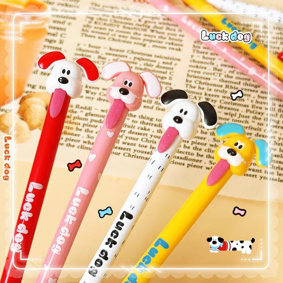 des stylos colorés et amusant en forme de chien qui tire la langue. Système amusant : pour faire sortir la mine, il faut tirer la langue ! Fun et ludique !