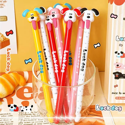 des stylos colorés et amusant en forme de chien qui tire la langue. Système amusant : pour faire sortir la mine, il faut tirer la langue ! Fun et ludique !