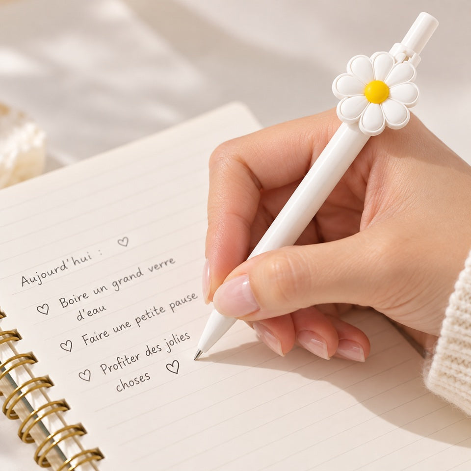 Main de femme écrivant dans un carnet avec un stylo blanc orné d’une marguerite, dans une ambiance douce, fleurie et lumineuse.