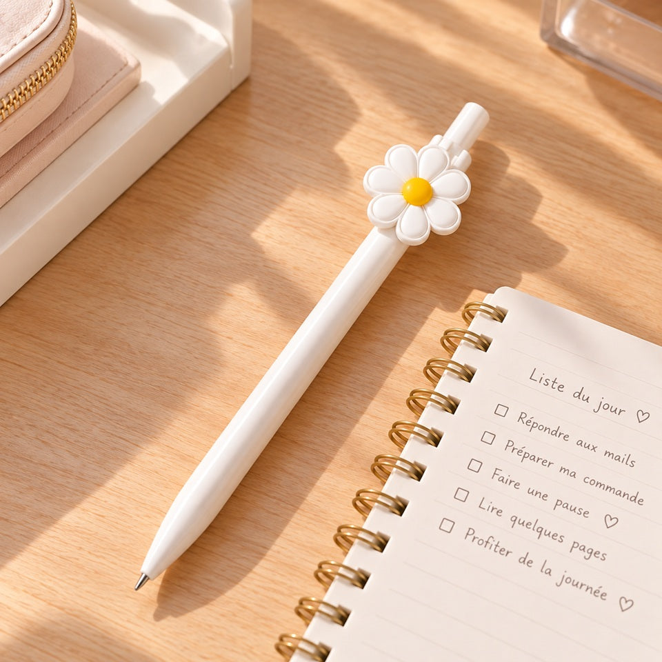 Stylo blanc kawaii orné d’une marguerite blanche et jaune, posé sur un bureau en bois clair à côté d’un carnet, dans une ambiance douce et lumineuse.
