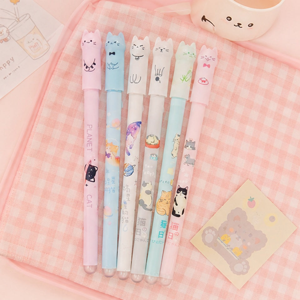 Trio de stylos miaou effacables – coloris bleu, rose et gris avec illustrations de chats