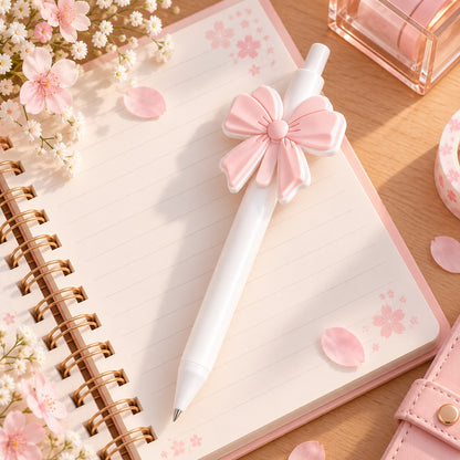 Stylo kawaii blanc orné d’un grand nœud rose pastel en relief avec un délicat contour blanc, posé à plat sur un carnet ouvert décoré de fleurs de sakura. Présenté sur un bureau en bois clair avec des accessoires de papeterie rose et des fleurs de cerisier, ce stylo élégant au style coquette, romantique et japonais est idéal pour écrire, embellir son bureau ou offrir un joli cadeau aux amoureuses de papeterie kawaii.