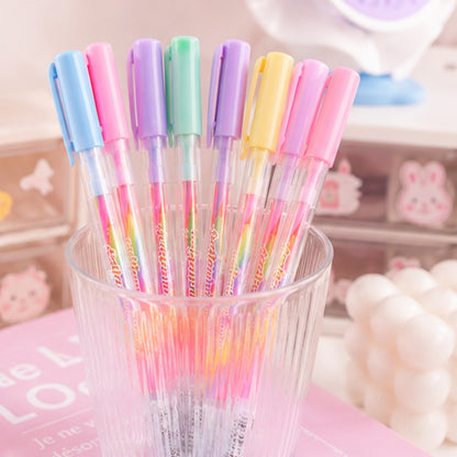 Collection de stylos rainbow kawaii aux couleurs pastel dans un joli verre transparent ✨ Stylos gel multicolores bleu, rose, jaune, vert et violet avec design transparent et ambiance douce inspirée de la papeterie japonaise. Parfaits pour ajouter une touche cute, colorée et créative à un bureau ou une trousse scolaire.