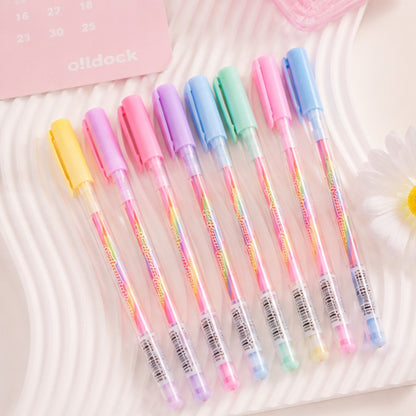 Lot de stylos rainbow kawaii aux couleurs pastel douces présenté sur une surface blanche élégante ✨ Stylos gel multicolores jaune, rose, violet, bleu et vert avec design transparent et ambiance tendre inspirée de la papeterie japonaise. Parfaits pour écrire, décorer un journal ou apporter une touche cute et colorée à son bureau.