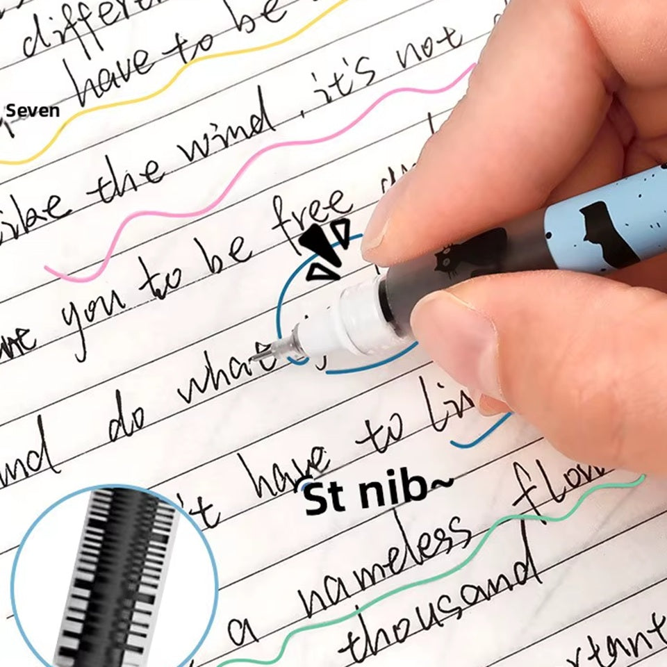 de jolis stylos bleus illustrés de chats noirs aux gros yeux expressifs. Style mignon et adorable, pointe fine pour une écriture fluide.