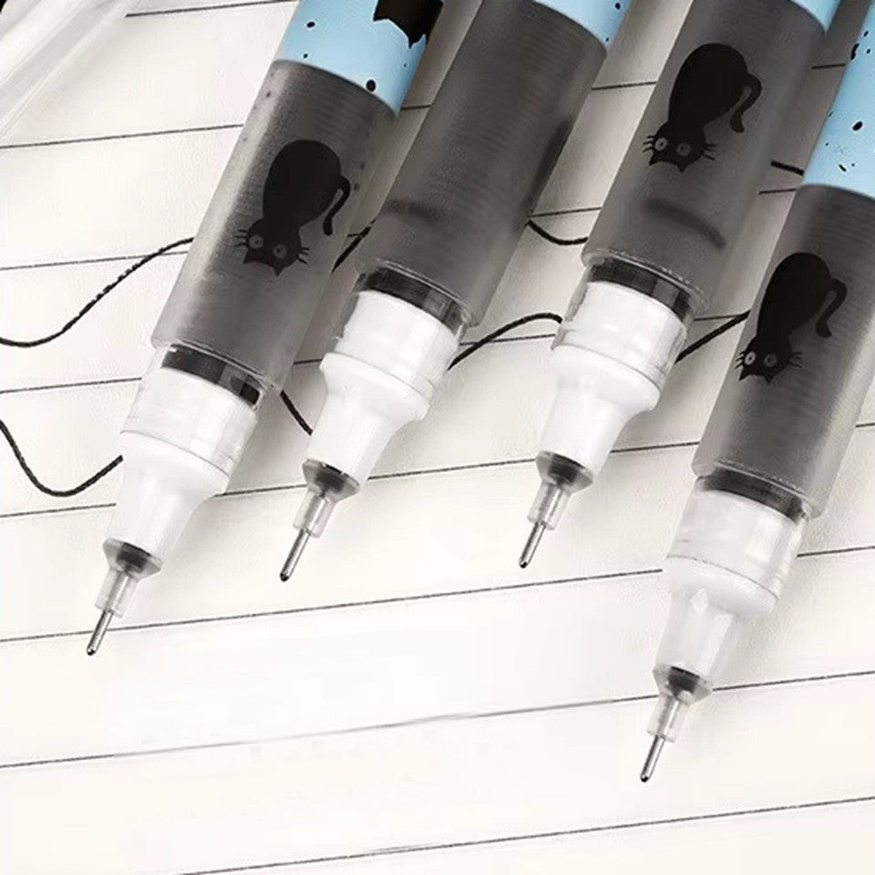 de jolis stylos bleus illustrés de chats noirs aux gros yeux expressifs. Style mignon et adorable, pointe fine pour une écriture fluide.