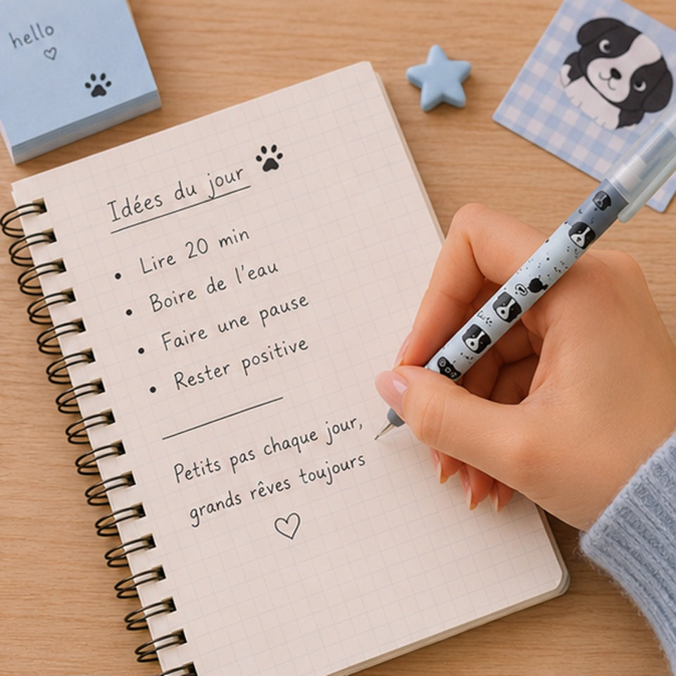 un stylo de couleur bleu au motif de chiens noirs tenu dans une main de femme. Elle écrit sur un journal des notes.