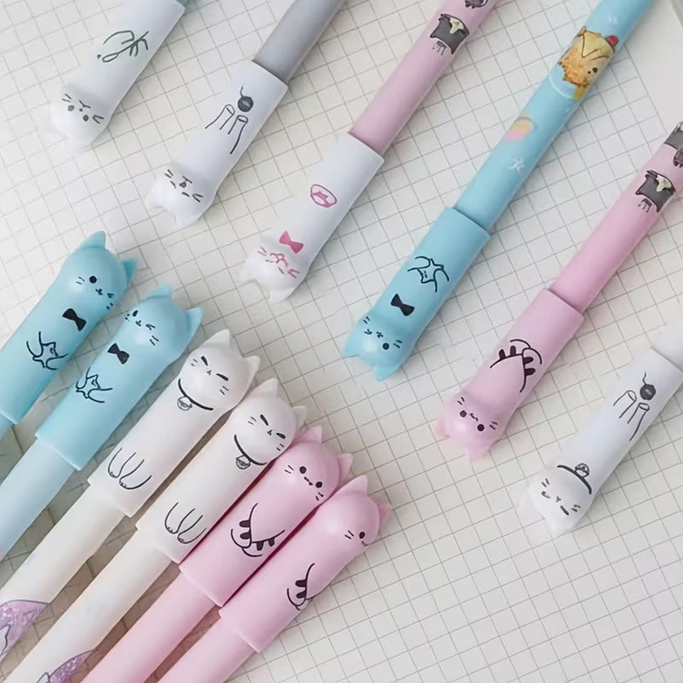 Gros plan sur le capuchon en forme de chat du stylo miaou effacable kawaii
