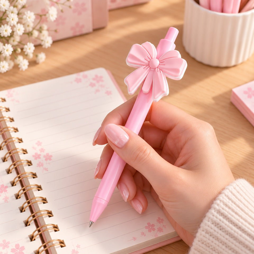 Stylo kawaii rose pastel orné d'un grand nœud rose en relief avec un délicat contour blanc, tenu dans la main manucurée d'une femme au-dessus d'un carnet ouvert décoré de fleurs de sakura. Présenté sur un bureau en bois clair avec des accessoires de papeterie rose, ce joli stylo au design chic, romantique et élégant est idéal pour écrire, décorer son bureau ou offrir un adorable cadeau aux amoureuses de papeterie kawaii.