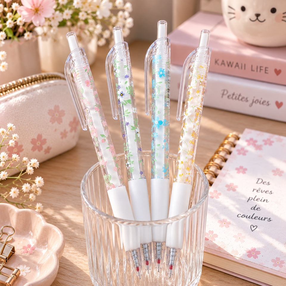 Lot de quatre stylos transparents à motifs de petites fleurs colorées, présentés dans un pot à crayons au cœur d’un décor de papeterie kawaii et fleuri.