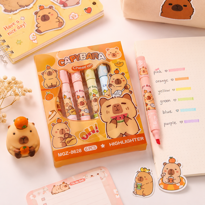 un lot de 6 surligneurs au design capybara. Les capybaras donnent le sourire et illuminent vos travaux de couleurs adorables. 