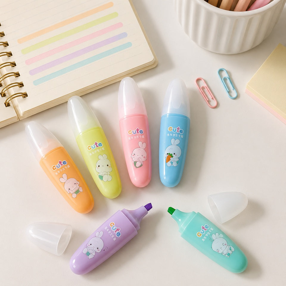 six surligneurs kawaii à motifs de lapins aux couleurs pastel, dont deux ouverts avec leurs pointes violette et verte visibles, présentés près d’un carnet.