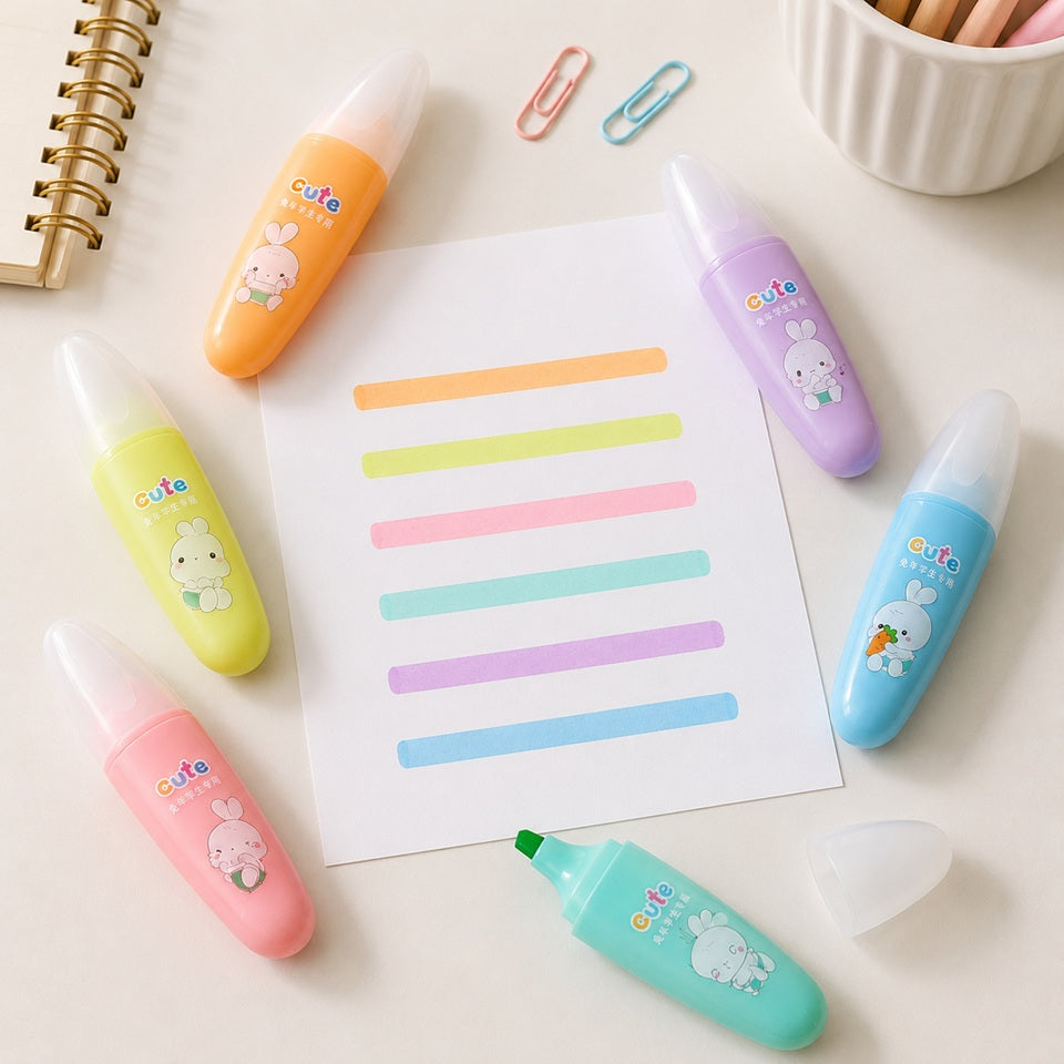 Six surligneurs kawaii à motifs de lapins aux couleurs pastel, disposés autour d’une feuille présentant six traits colorés.