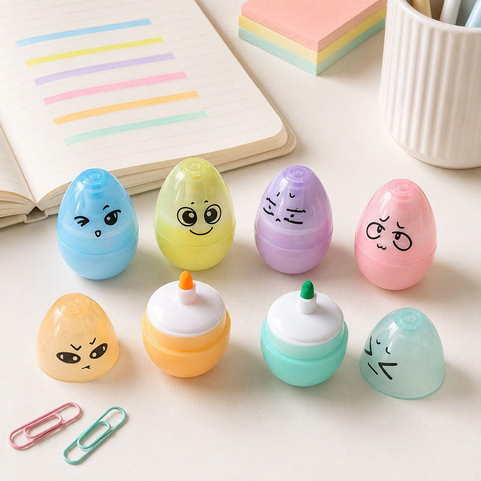 Un lot de six surligneurs en forme d’œufs kawaii aux couleurs pastel, dont deux ouverts avec leurs pointes visibles, présentés près d’un carnet.