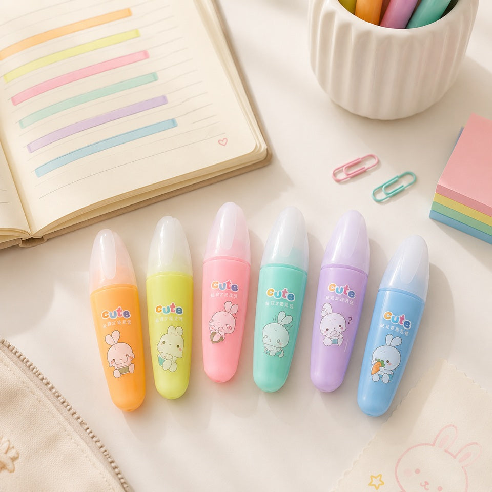 un lot de six surligneurs kawaii à motifs de lapins, aux couleurs pastel, présentés sur un bureau lumineux avec un carnet et des accessoires de papeterie.