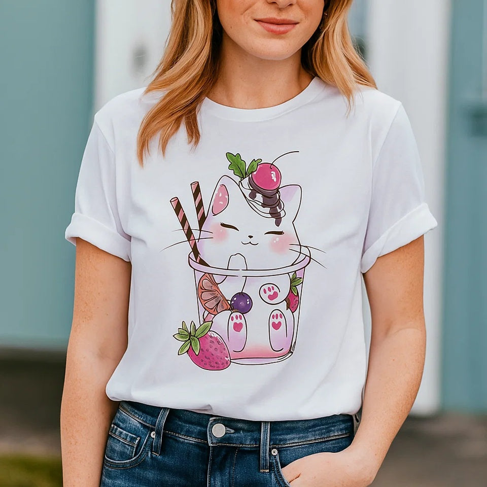 un tee-shirt au design d'un chat dans un verre, il a de la glace sur sa tête ce qui le rend encore plus gourmand. Me design est hyper kawaii et adorable. Parfait pour ajouter une touche mignonne et stylée à ton look