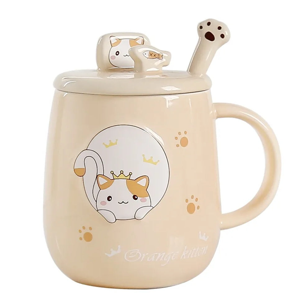 Tasse jaune petit chat avec couvercle et cuillère