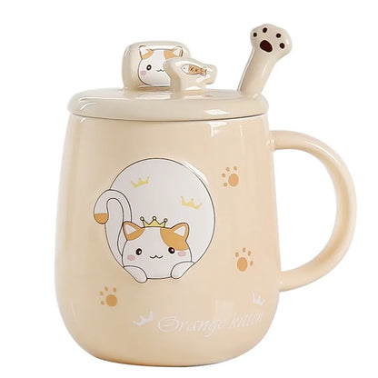 Tasse jaune petit chat avec couvercle et cuillère