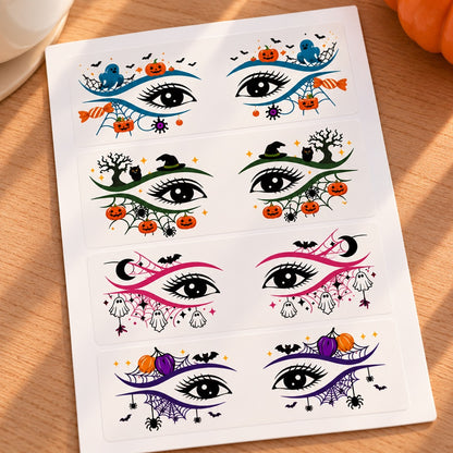 Tatouages éphémères pour les yeux sur le thème d’Halloween, avec citrouilles, fantômes, chauves-souris, toiles d’araignée et motifs colorés.
