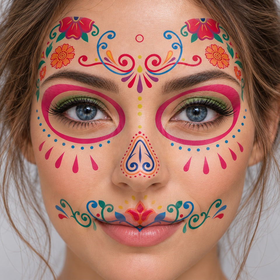 Tatouage éphémère coloré style Catrina porté sur le visage d’une femme, avec motifs floraux autour des yeux, du nez et des lèvres.
