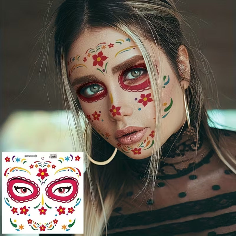 Des tatouages éphémères inspirés de La Catrina, parfaits pour Halloween. Motif fleuris et colorés pour un jour des morts effrayant.