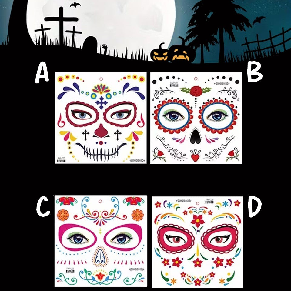 Des tatouages éphémères inspirés de La Catrina, parfaits pour Halloween. Motif fleuris et colorés pour un jour des morts effrayant.