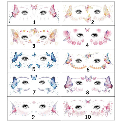 des tatouages éphémères pour le visage au motif de papillons colorés et pailletés. Idéal à porter avec un joli maquillage pour un effet féérique et romantique, pour un estival ou une soirée. On peut les porter également sur tout le reste du corps.