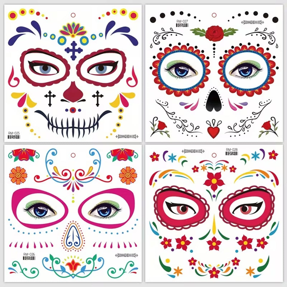 Des tatouages éphémères inspirés de La Catrina, parfaits pour Halloween. Motif fleuris et colorés pour un jour des morts effrayant.