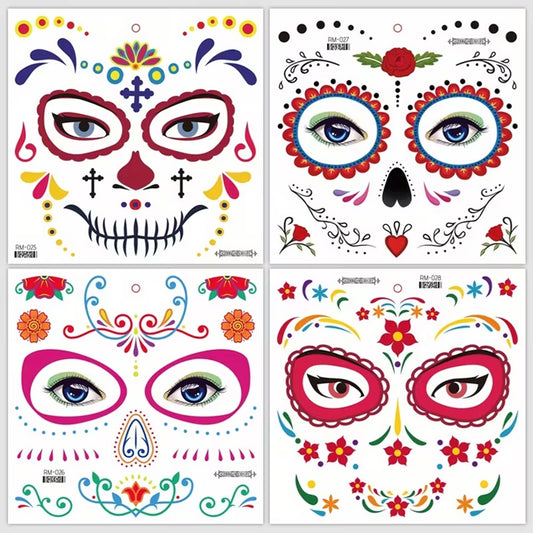 Des tatouages éphémères inspirés de La Catrina, parfaits pour Halloween. Motif fleuris et colorés pour un jour des morts effrayant.