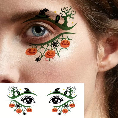 des tatouages éphémères pour le visage inspirés d'Halloween avec des motifs de citrouilles, de chauve-souris, de fantômes et d'araignées. Ils sont pratiques et faciles à utiliser et restent longtemps en place.