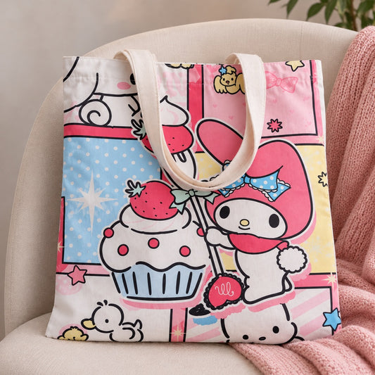 Sac tote bag My Melody kawaii aux couleurs pastel, décoré de fraises, cupcake et motifs adorables, présenté sur un fauteuil dans une ambiance douce.