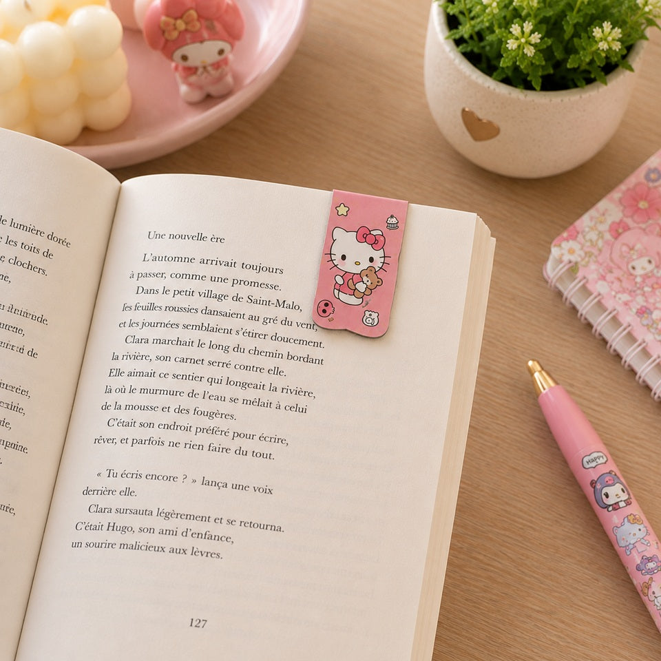 Marque-page aimanté kawaii représentant Hello Kitty, placé sur une page d'un livre en français ouvert sur un joli bureau en bois clair. Le marque-page maintient la page grâce à son système magnétique et dépasse légèrement du haut du livre pour être facilement repérable. Autour du livre se trouvent un carnet pastel, un stylo rose, une petite plante verte et des décorations mignonnes créant une ambiance douce, cosy et idéale pour la lecture.