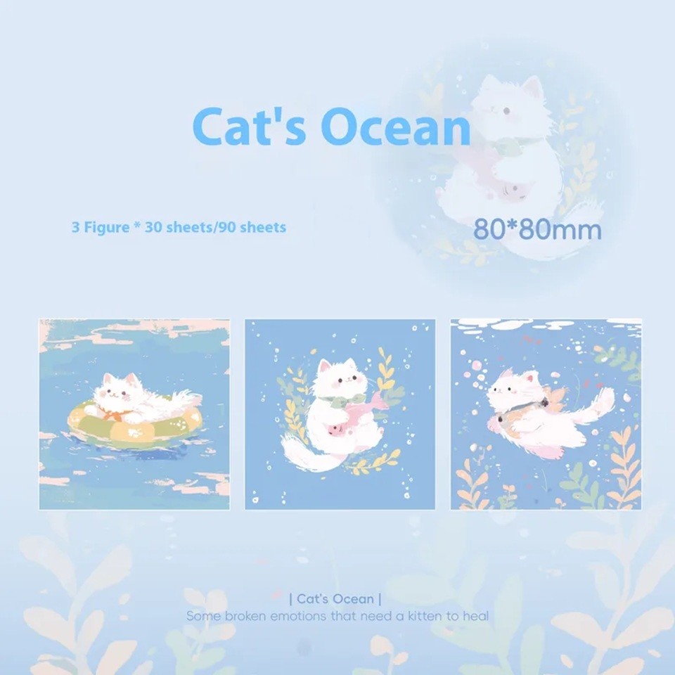 trio de mémos adhésifs illsutré d'un chat blanc dans différentes poses et scènes qui invitent à la rêverie : dans l'eau, dans les étoiles ou dans les leurs.