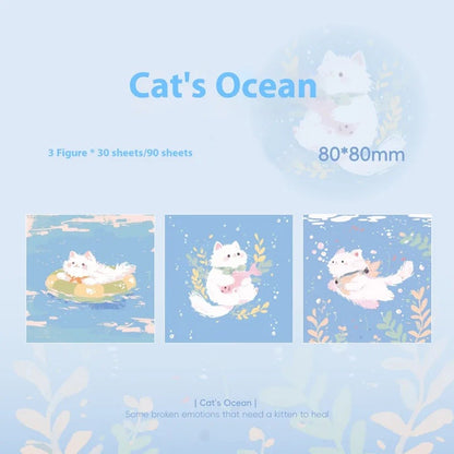 trio de mémos adhésifs illsutré d'un chat blanc dans différentes poses et scènes qui invitent à la rêverie : dans l'eau, dans les étoiles ou dans les leurs.