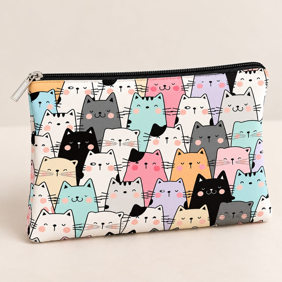 Trousse de toilette kawaii à motifs de chats multicolores pastel, avec petites bouilles adorables et joues roses. Pochette de maquillage zippée noire, posée sur un fond beige épuré, idéale pour ranger cosmétiques, produits de beauté et accessoires du quotidien.