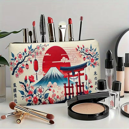 une trousse de toilette au motif japonais : mont fuji, soleil rouge, tori et fleurs de sakura