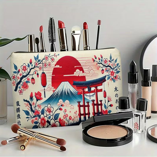 une trousse de toilette au motif japonais : mont fuji, soleil rouge, tori et fleurs de sakura