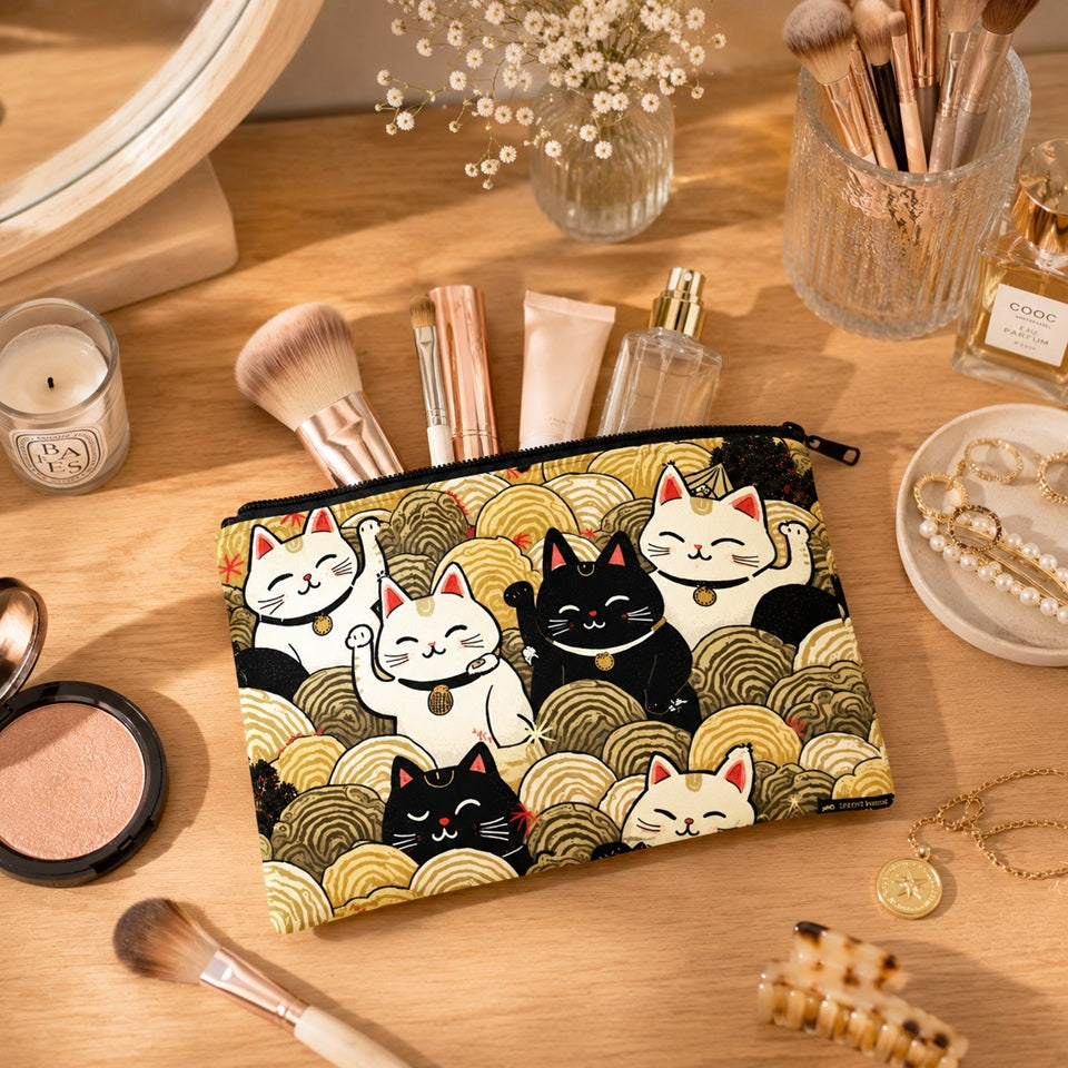 Trousse de toilette à motifs de chats Maneki Neko japonais, posée sur une coiffeuse avec pinceaux et produits de beauté, dans un décor chaleureux et lumineux.