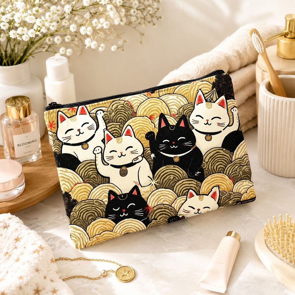 Trousse de toilette à motifs de chats Maneki Neko japonais, présentée dans un décor de salle de bain lumineux avec accessoires de beauté.