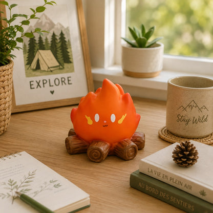 Veilleuse feu de camp kawaii orange éteinte, posée sur des bûches dans un joli décor nature et cosy en journée, avec plantes, livres et accessoires chaleureux.