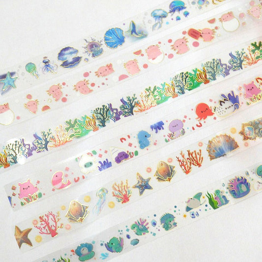 des washi tape sur le thème de la vie marine tout en couleur : animaux et décors marins pour embellir tous vos projets créatifs (scrapbooking, carnets, cartes ...)
